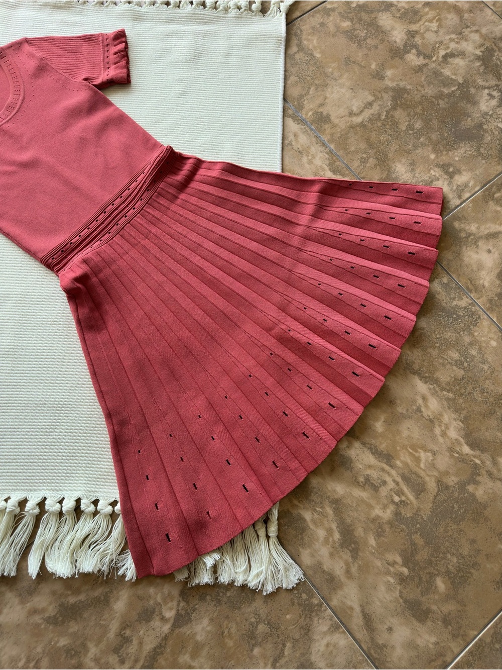 Sandro Paris Rose Pink Etor Eyelet-Detail Pleated Knit Dress - Picture 2 of 10